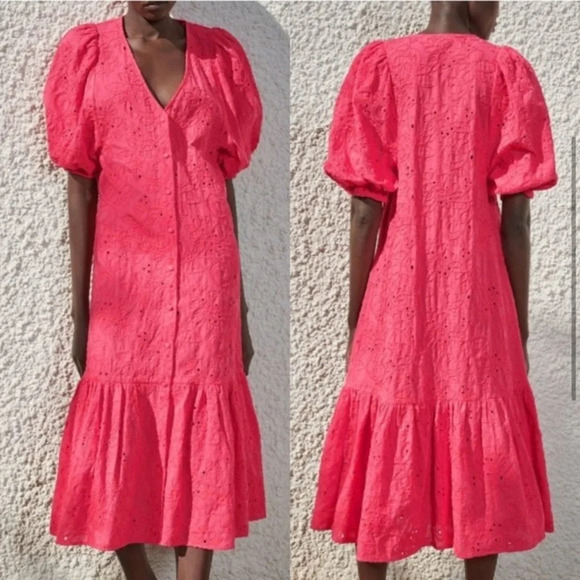 ✨ Host Pick ✨ Zara Embroidered Eyelet Fuscia Marta Blogger Fave Midi Dress - Picture 1 of 10